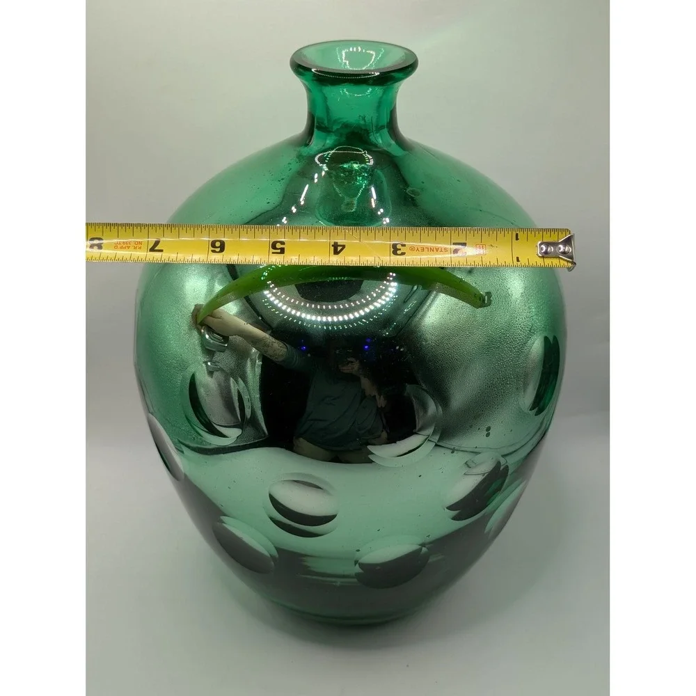 Vintage Uranium Mercury Emerald Green Blown Glass‎ Dimpled Vase MCM Decor 11.5